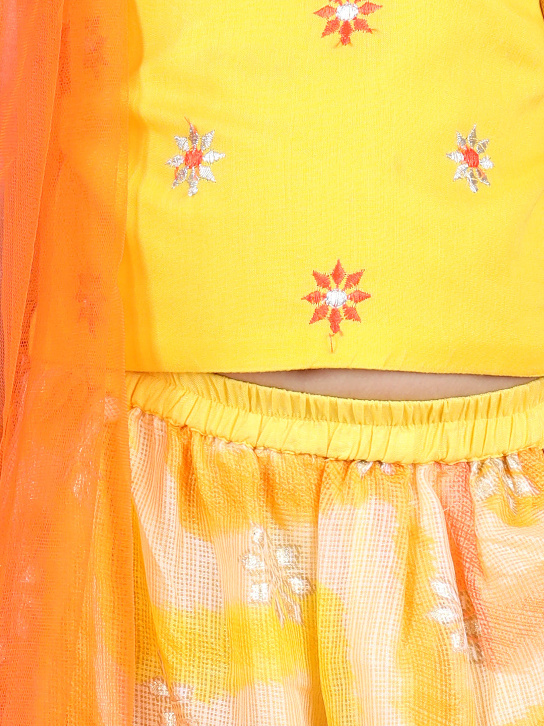 Yellow Foil Embellished Double Layered Lace Work Skirt With Embroidered Top And Dupatta