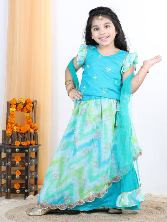 Blue floral foil embellished double layered lace work skirt with embroidered top and dupatta