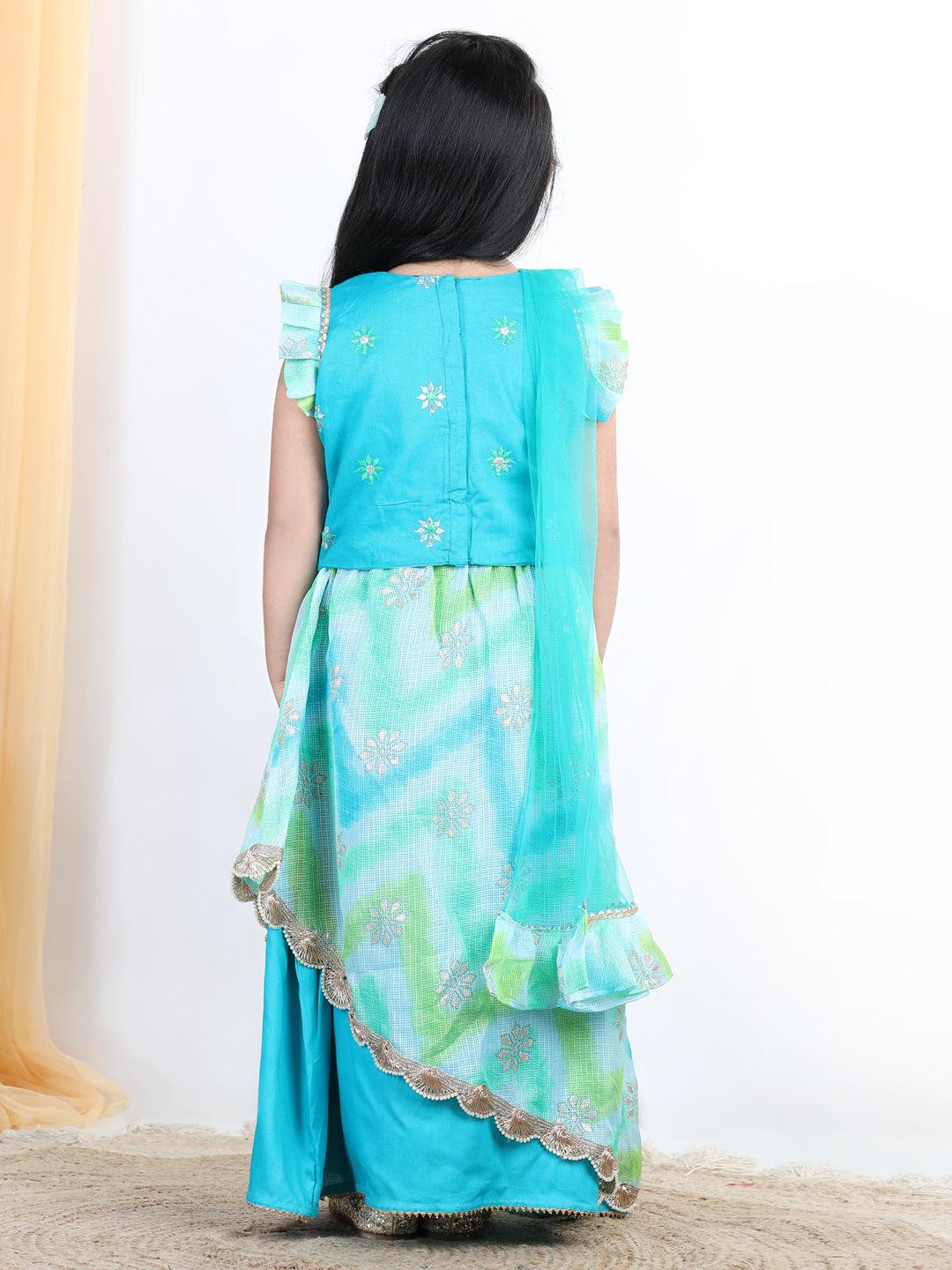 Blue floral foil embellished double layered lace work skirt with embroidered top and dupatta