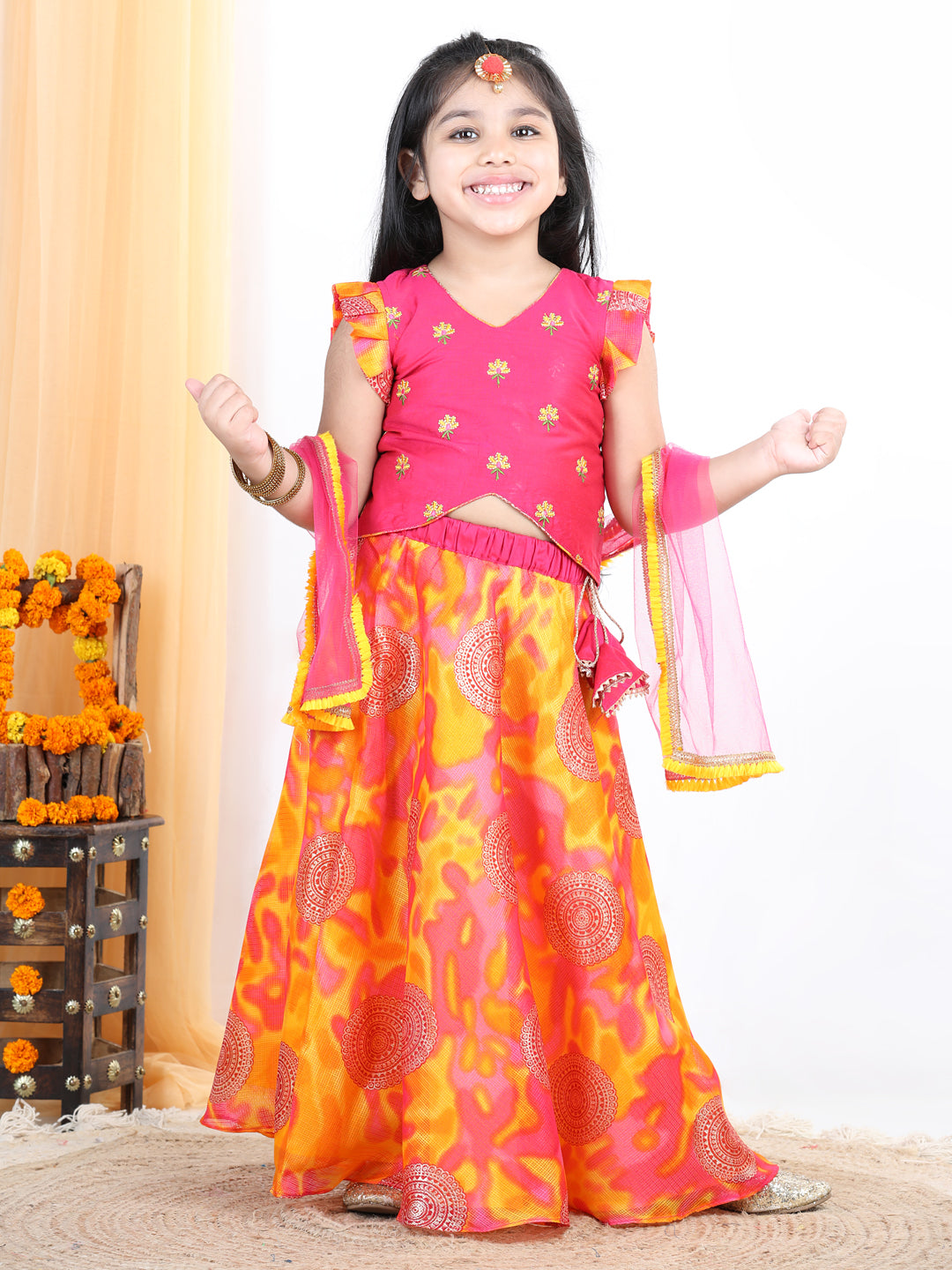 Foil embellished skirt with embroidered top and dupatta