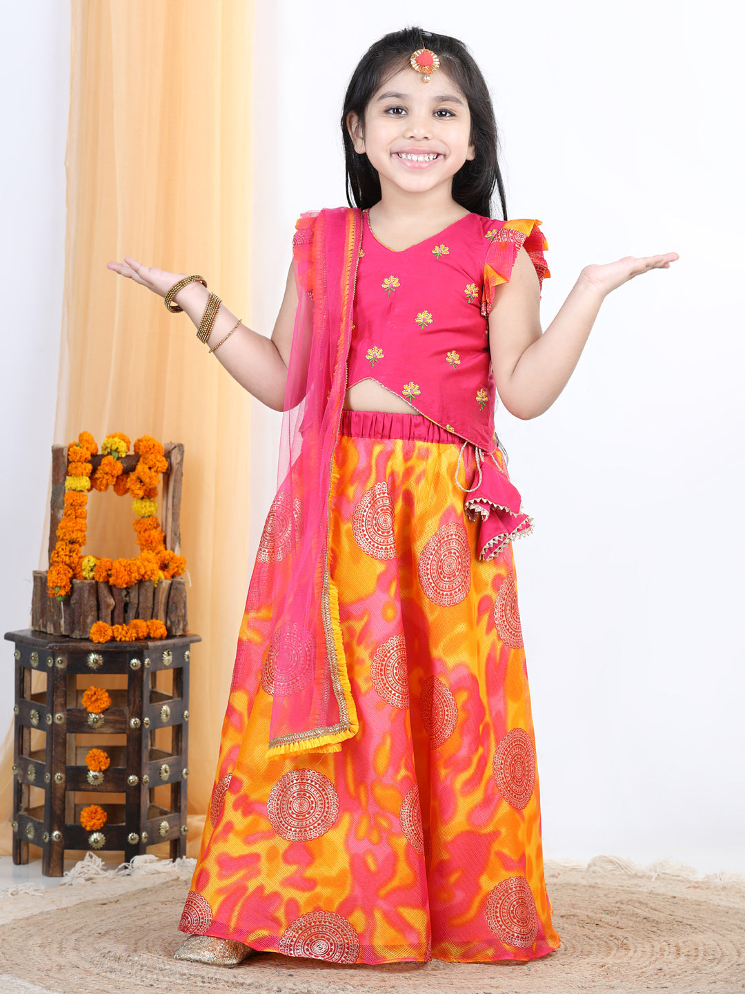 Foil embellished skirt with embroidered top and dupatta