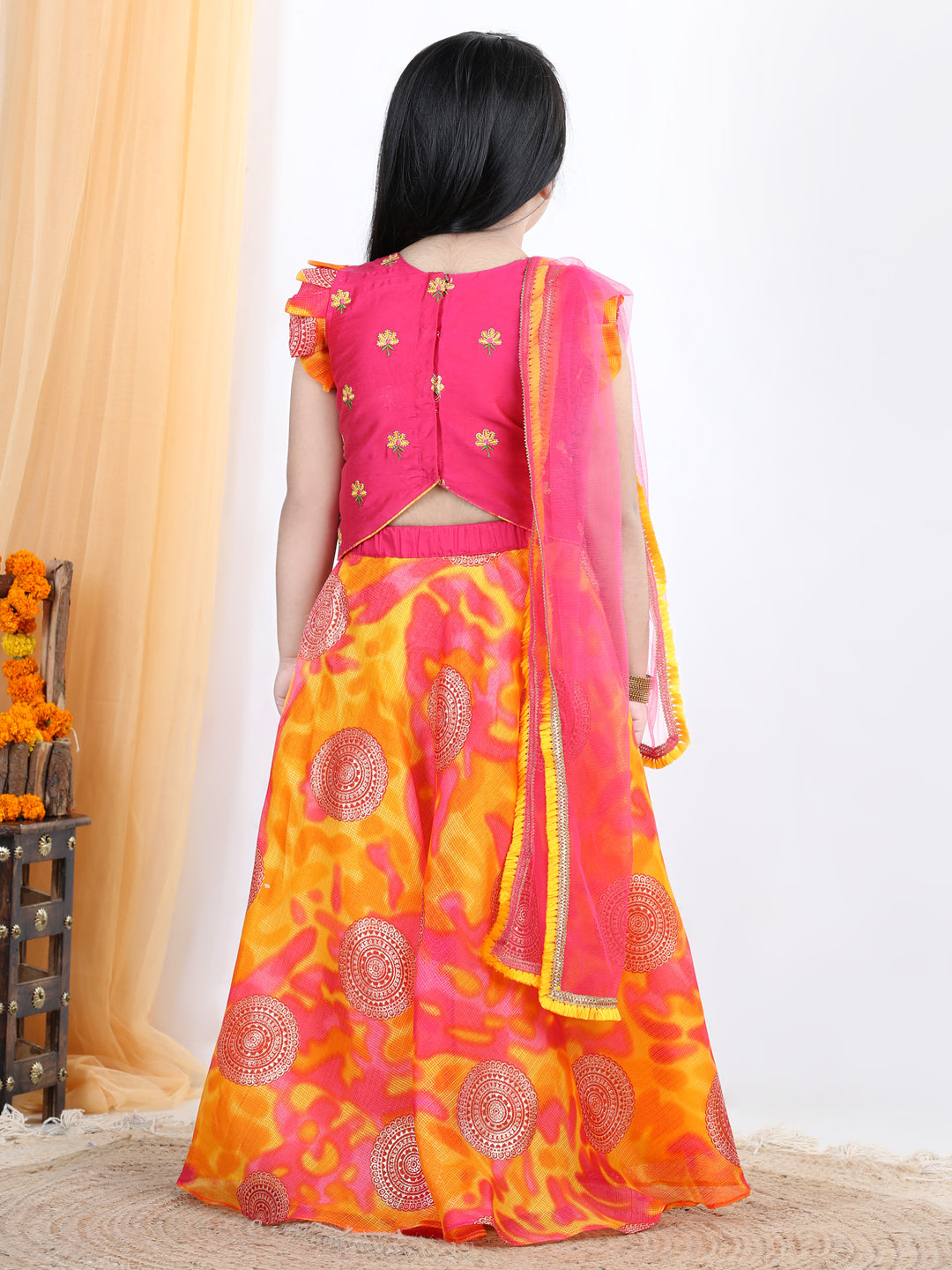 Foil embellished skirt with embroidered top and dupatta
