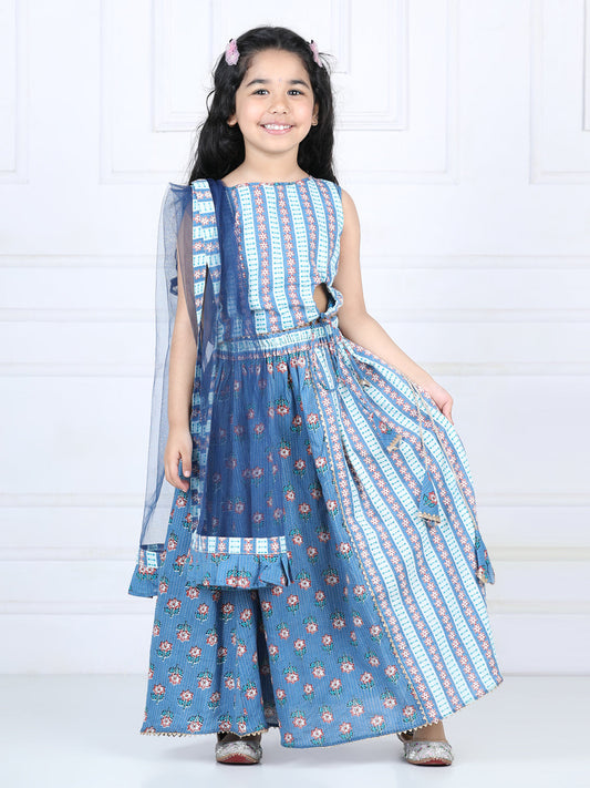 Blue Floral printed top with lehenga and dupatta