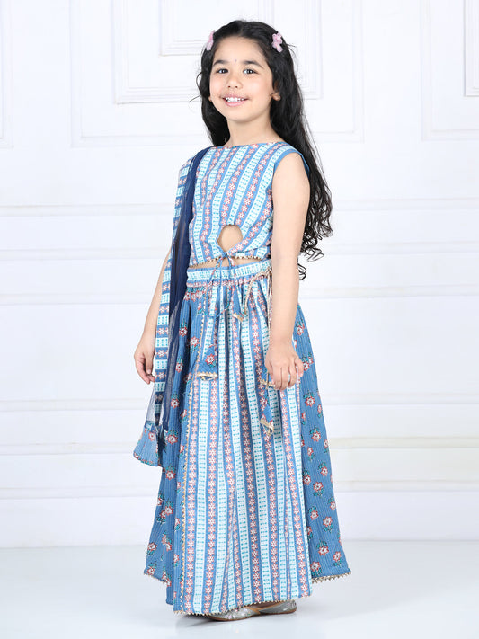 Blue Floral printed top with lehenga and dupatta