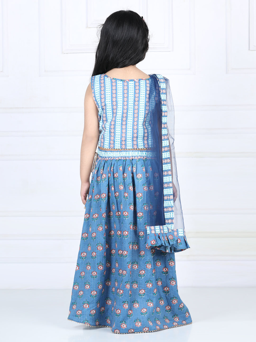 Blue Floral printed top with lehenga and dupatta