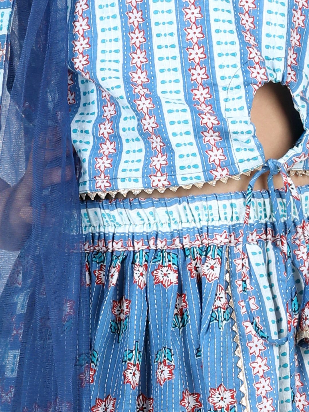 Blue Floral printed top with lehenga and dupatta