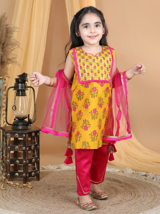 Yellow & Pink Cotton Kurti Set