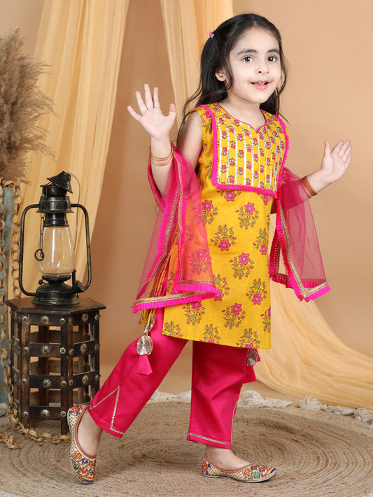 Yellow & Pink Cotton Kurti Set