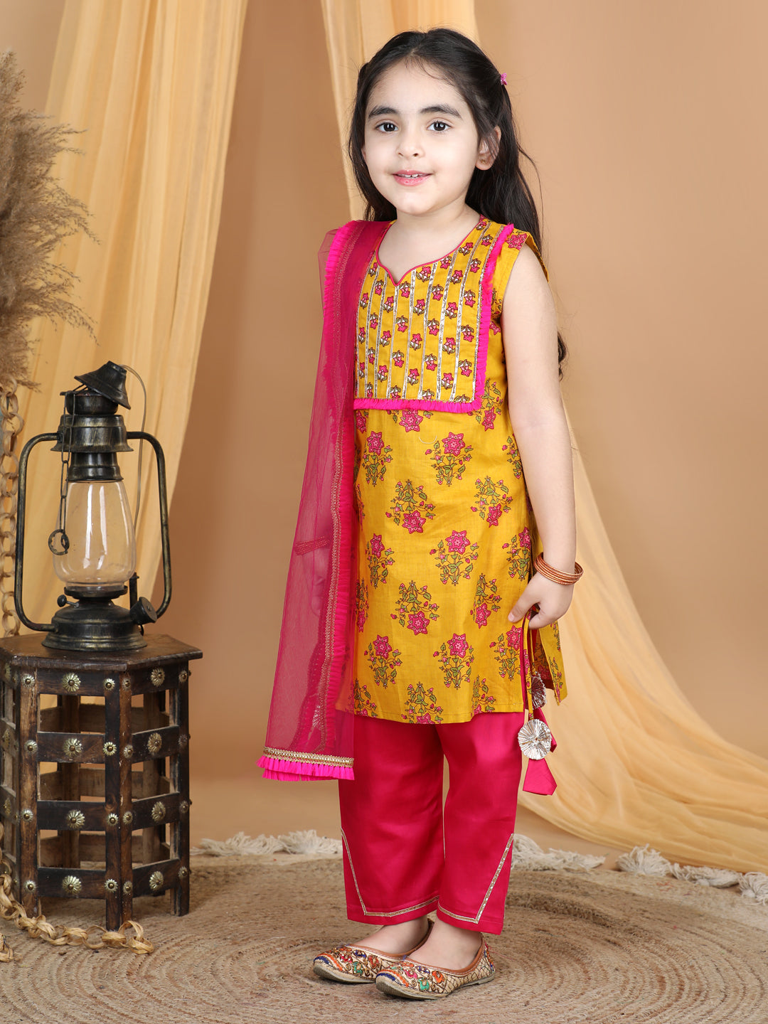 Yellow & Pink Cotton Kurti Set