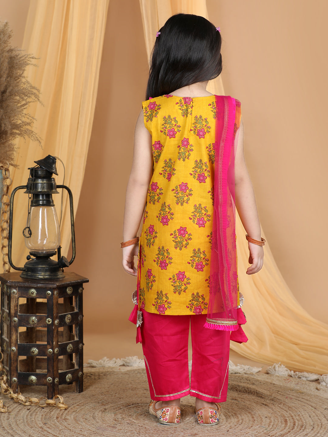 Yellow & Pink Cotton Kurti Set