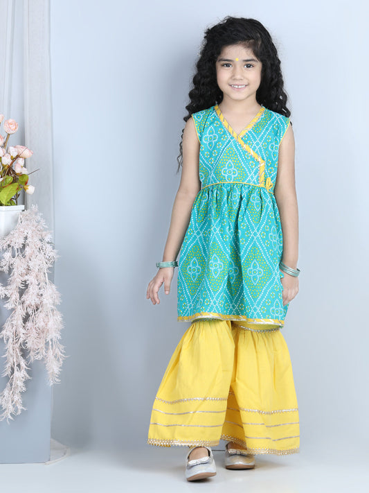 Green Leheriya Detail Kurti With yellow Sharara
