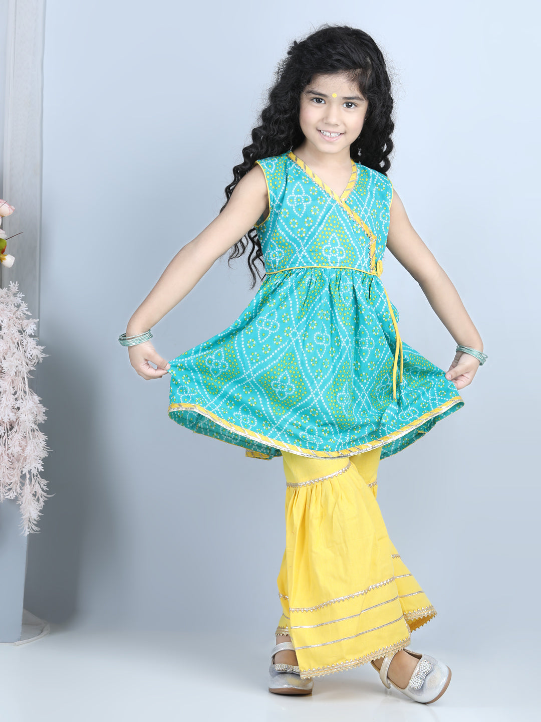 Green Leheriya Detail Kurti With yellow Sharara
