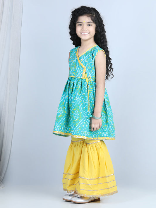 Green Leheriya Detail Kurti With yellow Sharara