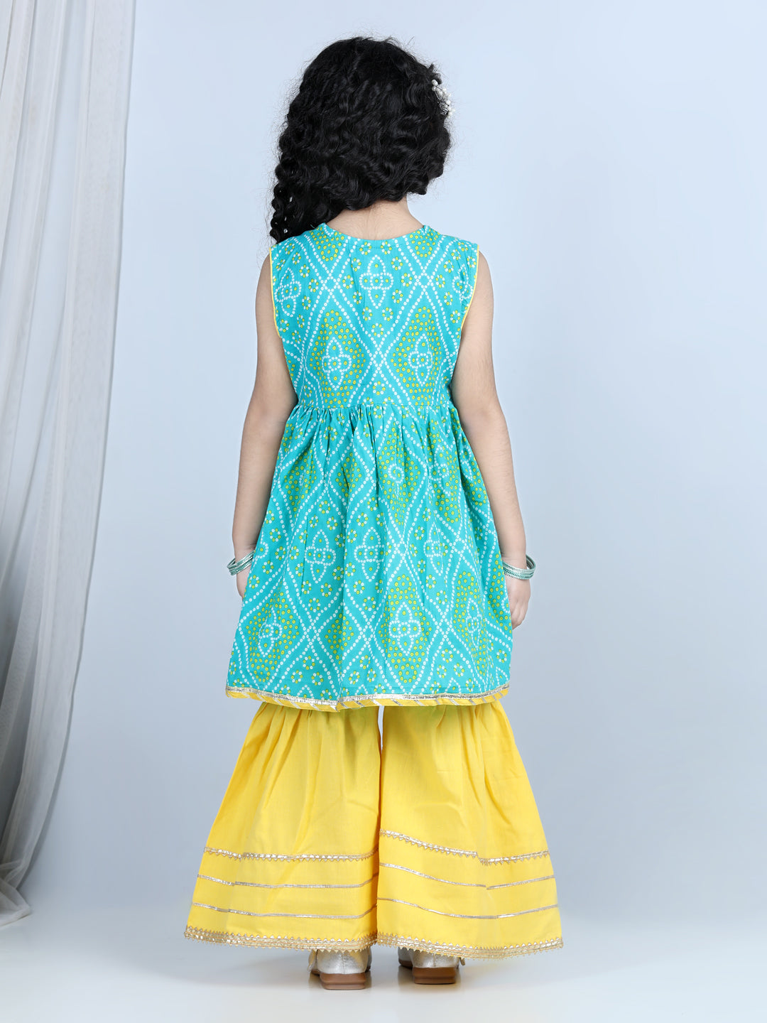 Green Leheriya Detail Kurti With yellow Sharara