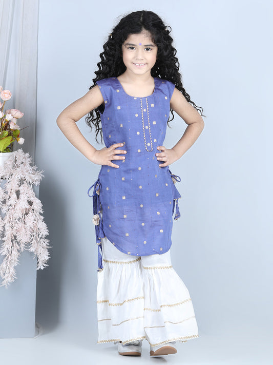 Blue Foil Printed Tassel Ornamentation Detail High Low Style Kurti With Sharara