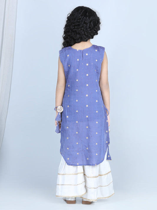 Blue Foil Printed Tassel Ornamentation Detail High Low Style Kurti With Sharara
