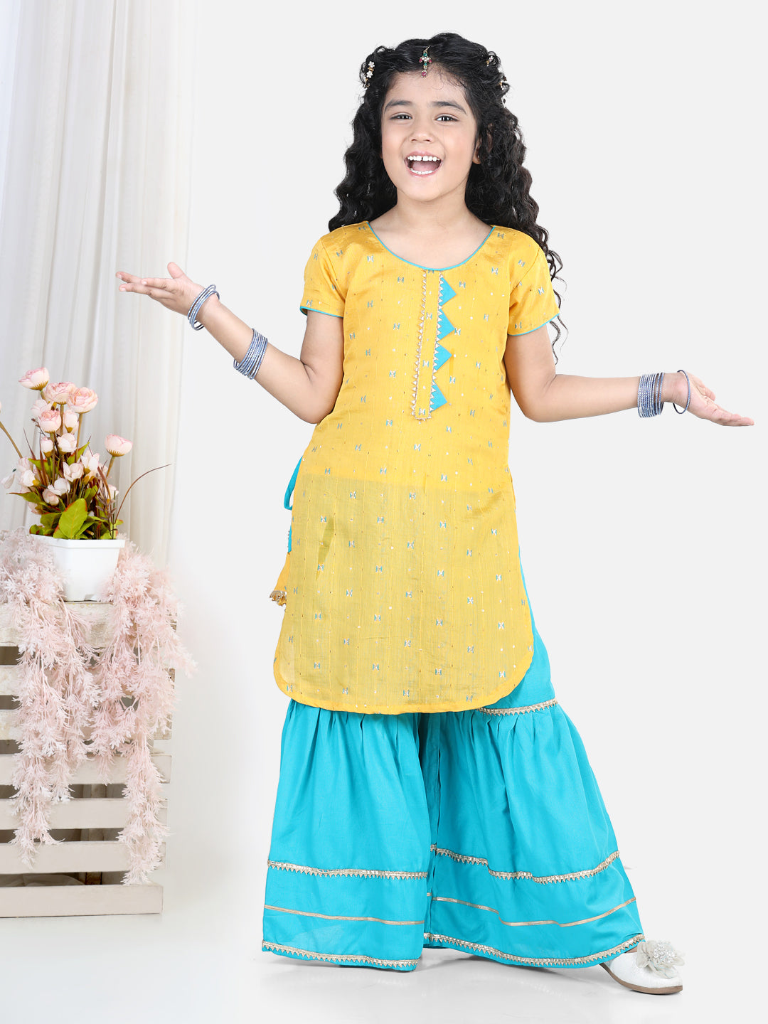 Yellow embroidered Gota Patti Lace Detail Kurti With Sharara And Dupatta
