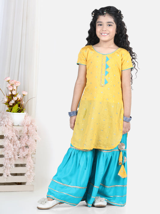 Yellow embroidered Gota Patti Lace Detail Kurti With Sharara And Dupatta