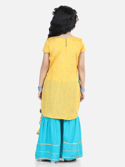 Yellow embroidered Gota Patti Lace Detail Kurti With Sharara And Dupatta