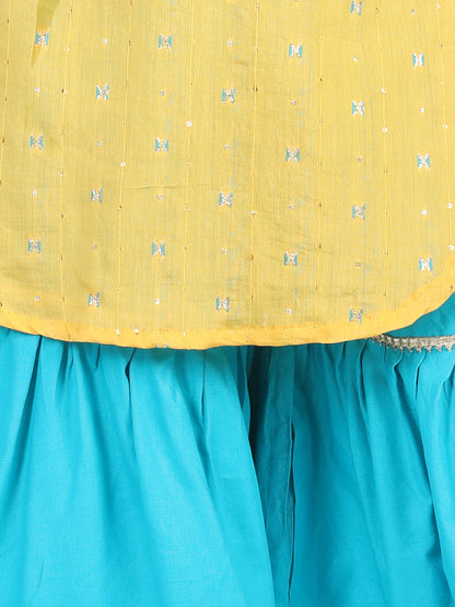 Yellow embroidered Gota Patti Lace Detail Kurti With Sharara And Dupatta