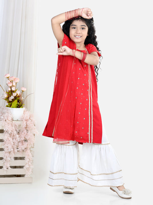 Red embroidered Gota Patti Lace Detail Kurti With Sharara And Dupatta