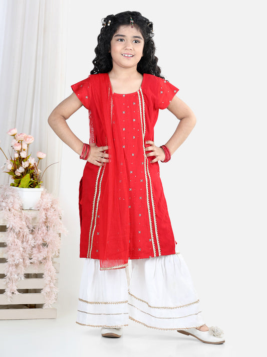 Red embroidered Gota Patti Lace Detail Kurti With Sharara And Dupatta
