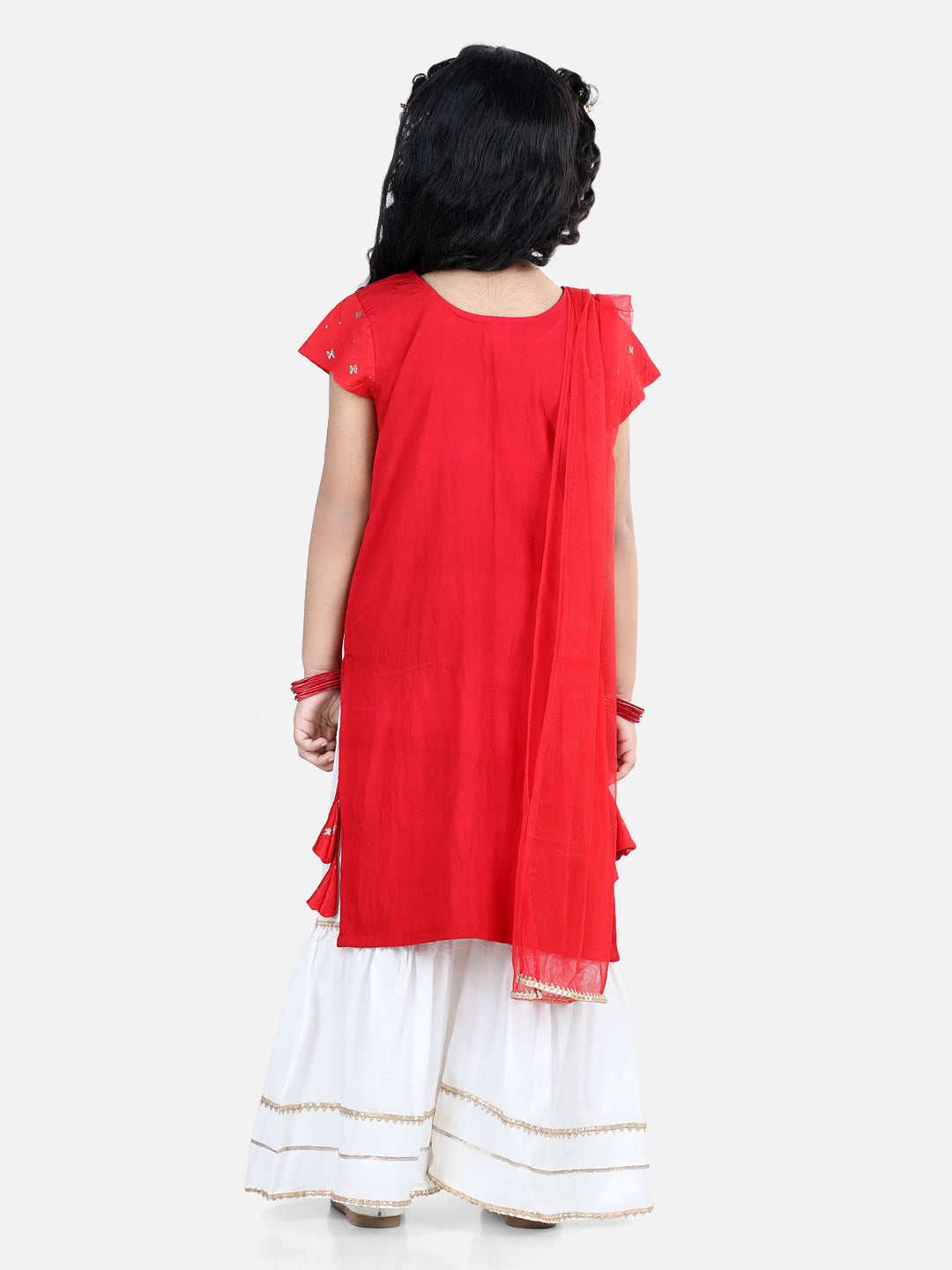 Red embroidered Gota Patti Lace Detail Kurti With Sharara And Dupatta