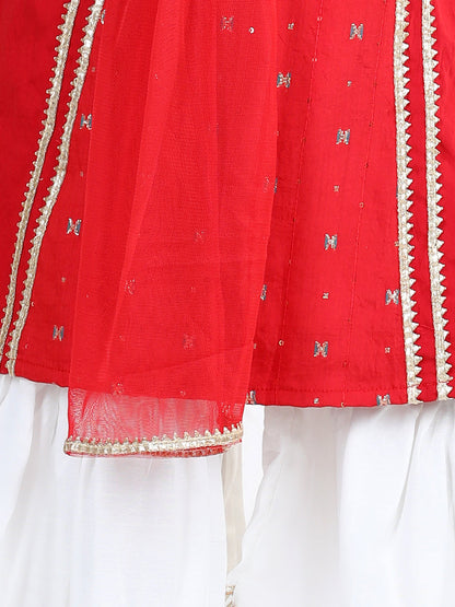 Red embroidered Gota Patti Lace Detail Kurti With Sharara And Dupatta