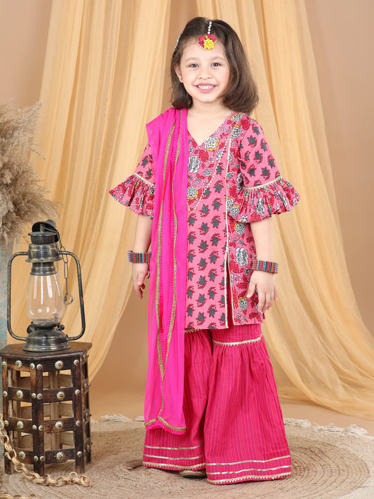 Pink Floral Motif Printed Kurta Sharara With Dupatta