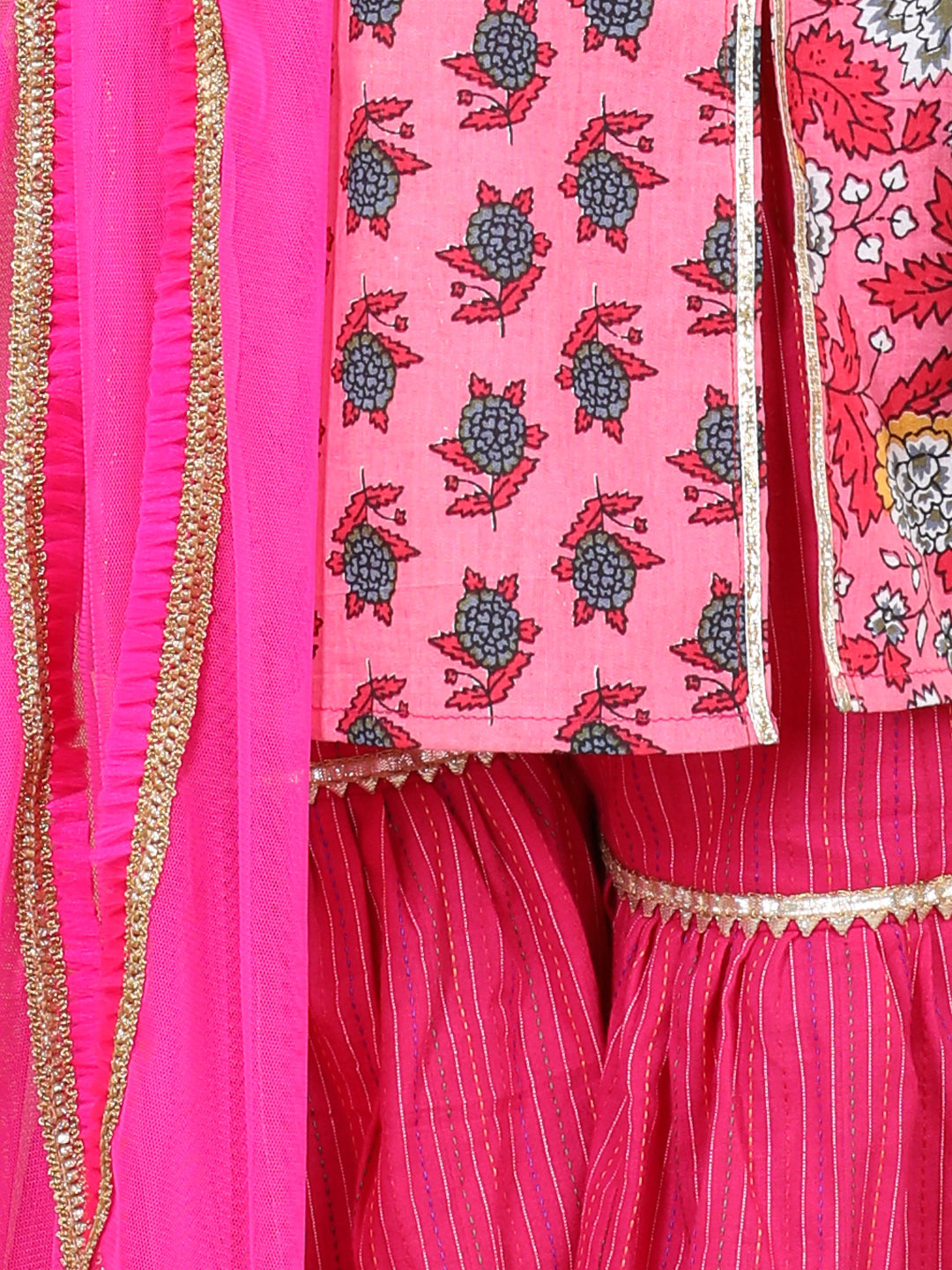 Pink Floral Motif Printed Kurta Sharara With Dupatta