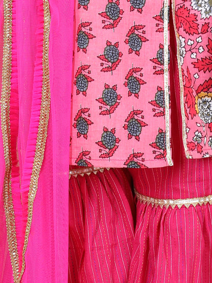 Pink Floral Motif Printed Kurta Sharara With Dupatta