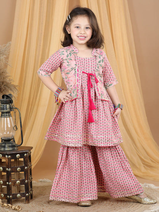 Pink Floral Printed Lace Detailed Kurta and Sharara