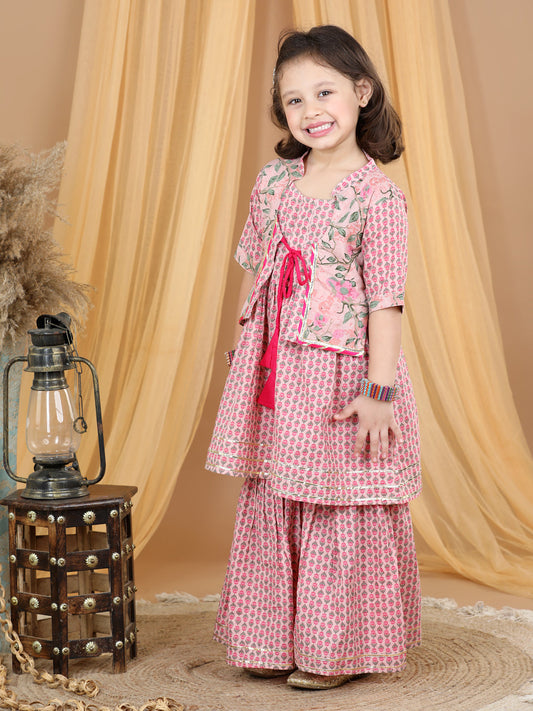 Pink Floral Printed Lace Detailed Kurta and Sharara