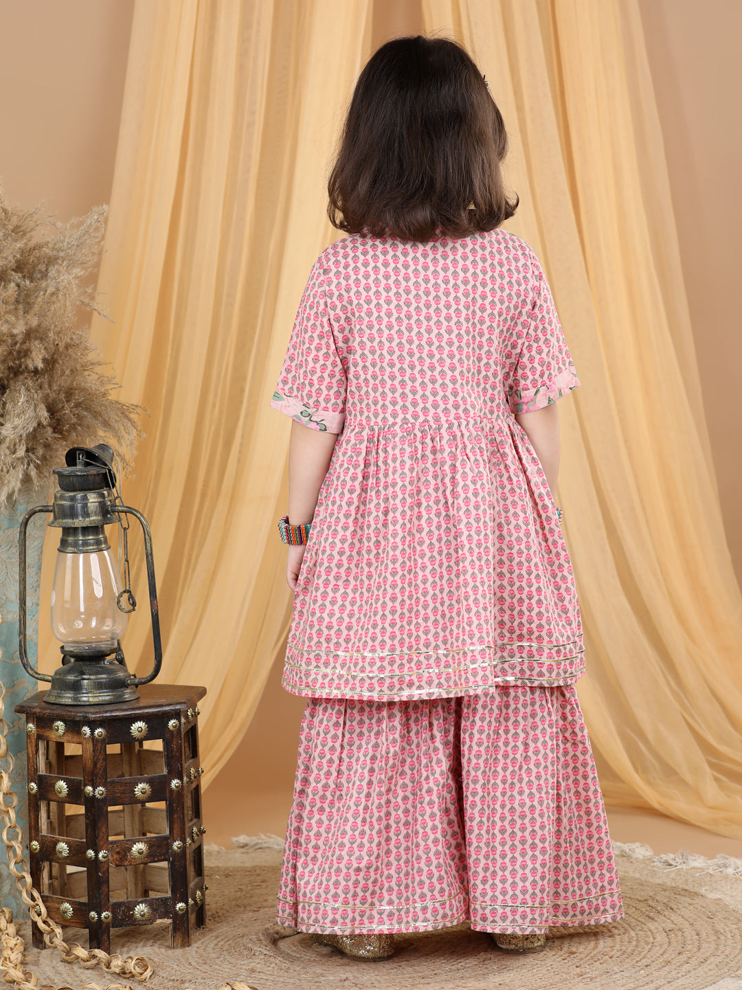 Pink Floral Printed Lace Detailed Kurta and Sharara