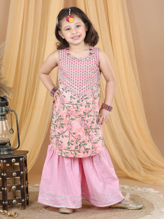 Pink Floral Motif Printed Gota Patti Detailed Kurta Sharara With Dupatta