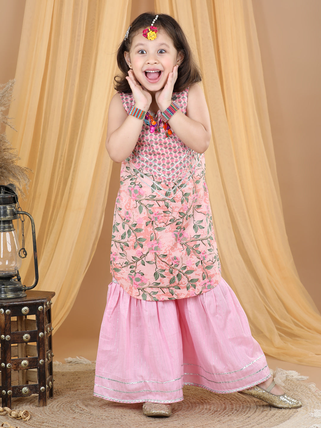 Pink Floral Motif Printed Gota Patti Detailed Kurta Sharara With Dupatta