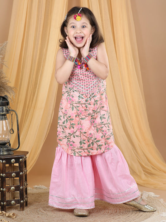 Pink Floral Motif Printed Gota Patti Detailed Kurta Sharara With Dupatta