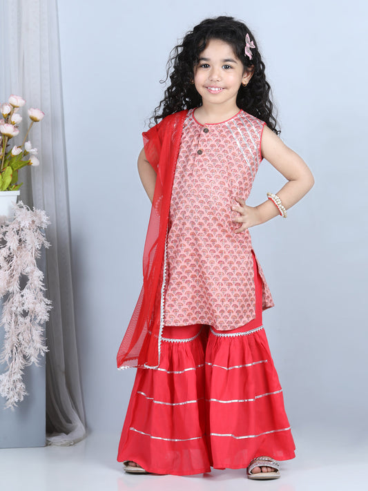 Pink Floral Motif Printed Kurti With Sharara And Dupatta