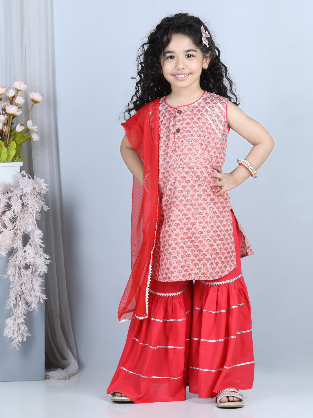 Pink Floral Motif Printed Kurti With Sharara And Dupatta