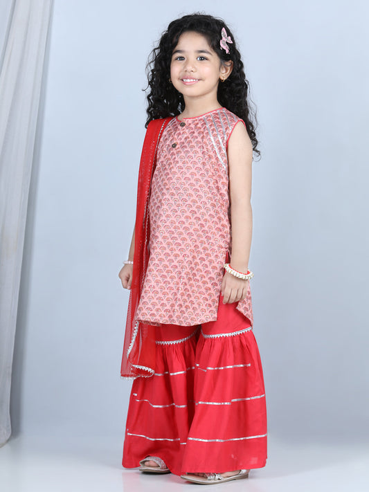 Pink Floral Motif Printed Kurti With Sharara And Dupatta