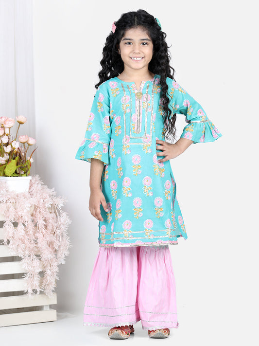 Floral printed Kurta With Lace Embellihed Lurex Striped Sharara