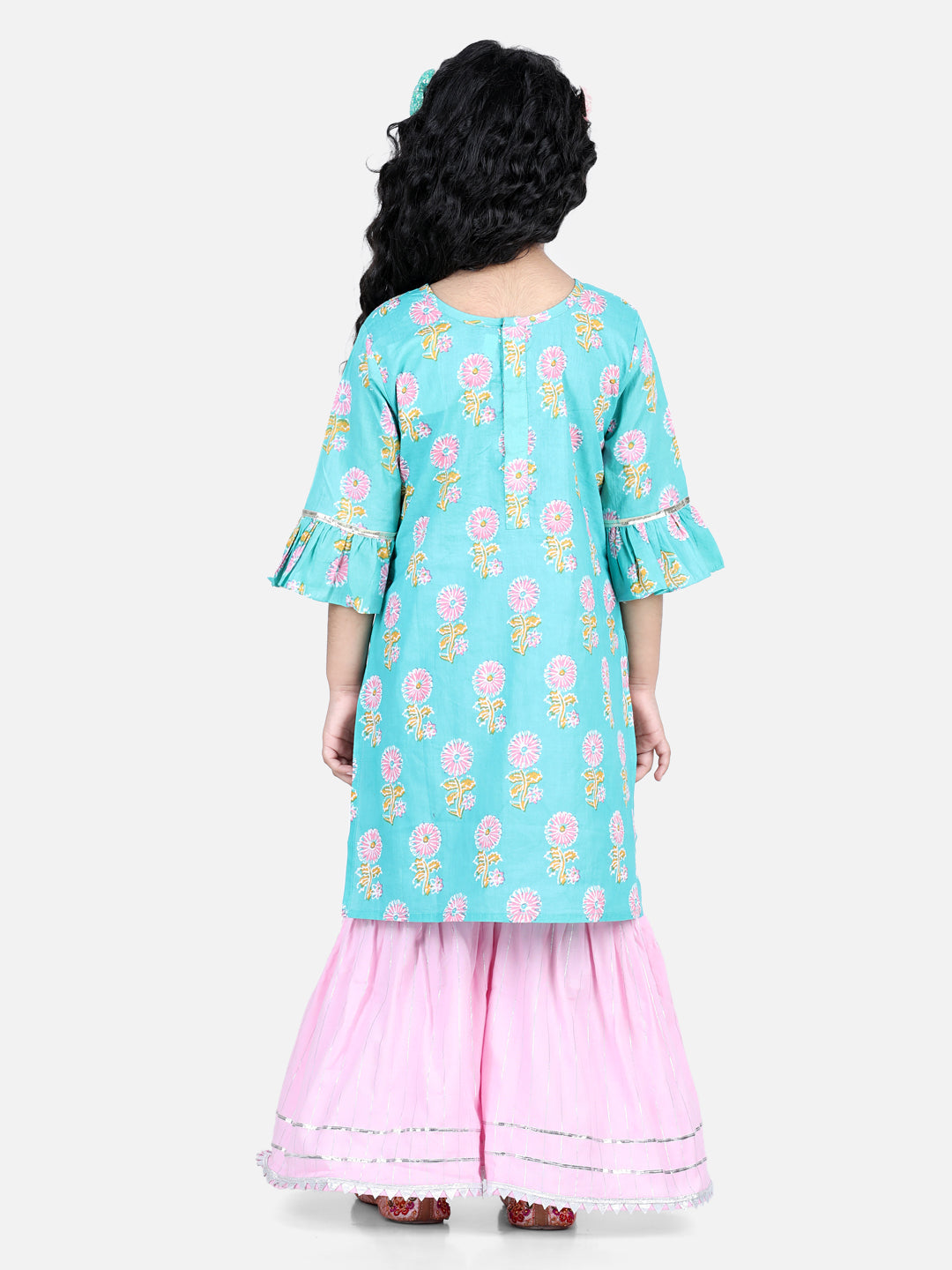 Floral printed Kurta With Lace Embellihed Lurex Striped Sharara