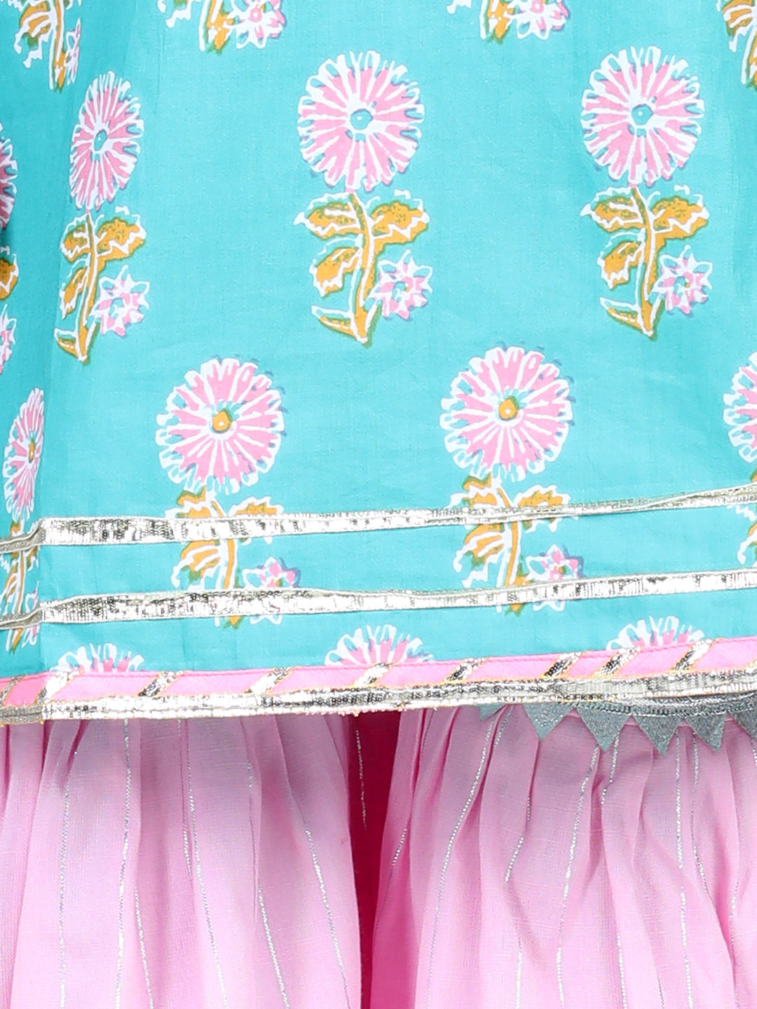 Floral printed Kurta With Lace Embellihed Lurex Striped Sharara