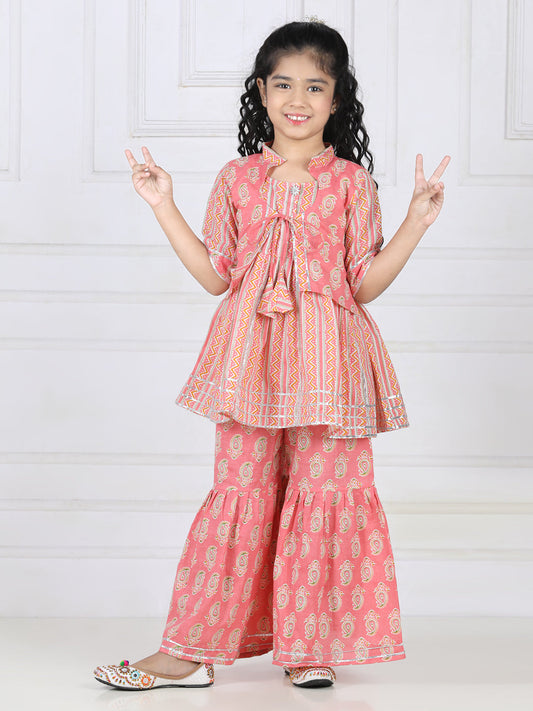 Ethnic Motif Printed Lace Detailed Jacket Styled Kurta & Sharara Set