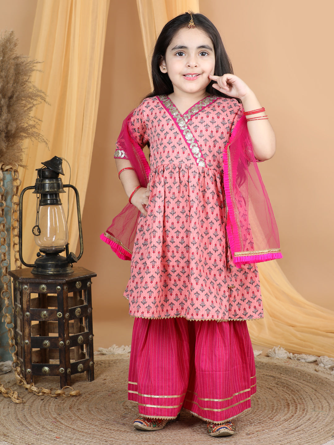 Pink Floral Printed Kurti Sharara & Dupatta