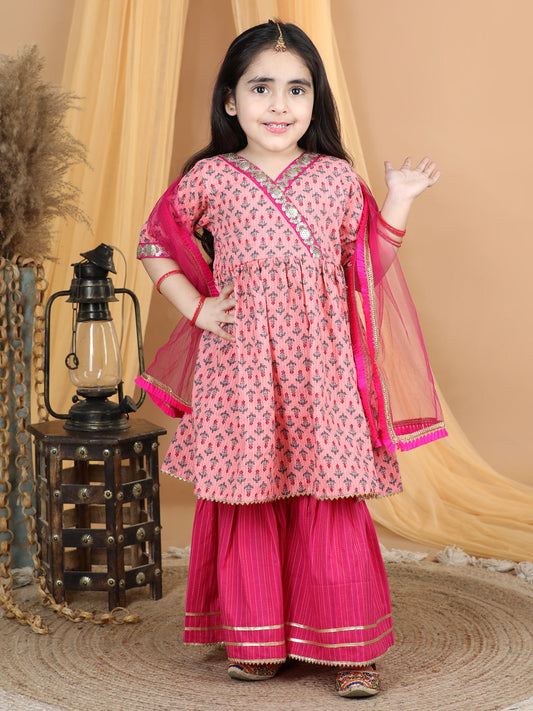 Pink Floral Printed Kurti Sharara & Dupatta