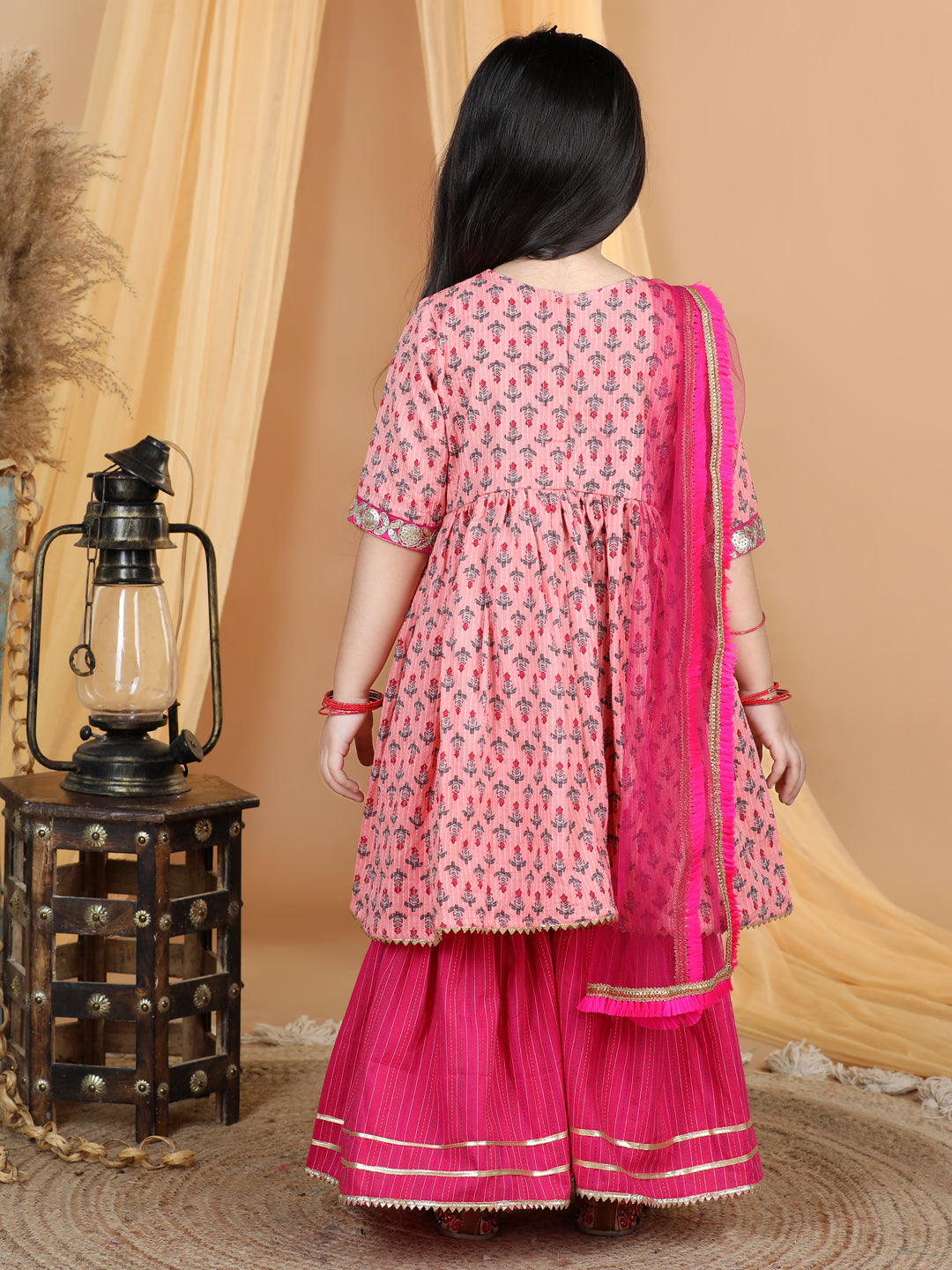 Pink Floral Printed Kurti Sharara & Dupatta