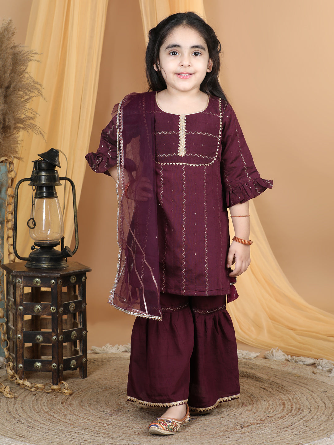 Purple Sequin & Gota Lace Embellished Weaved Kurta With Sharara & Dupatta