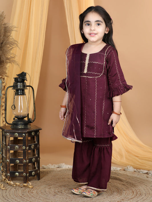 Purple Sequin & Gota Lace Embellished Weaved Kurta With Sharara & Dupatta