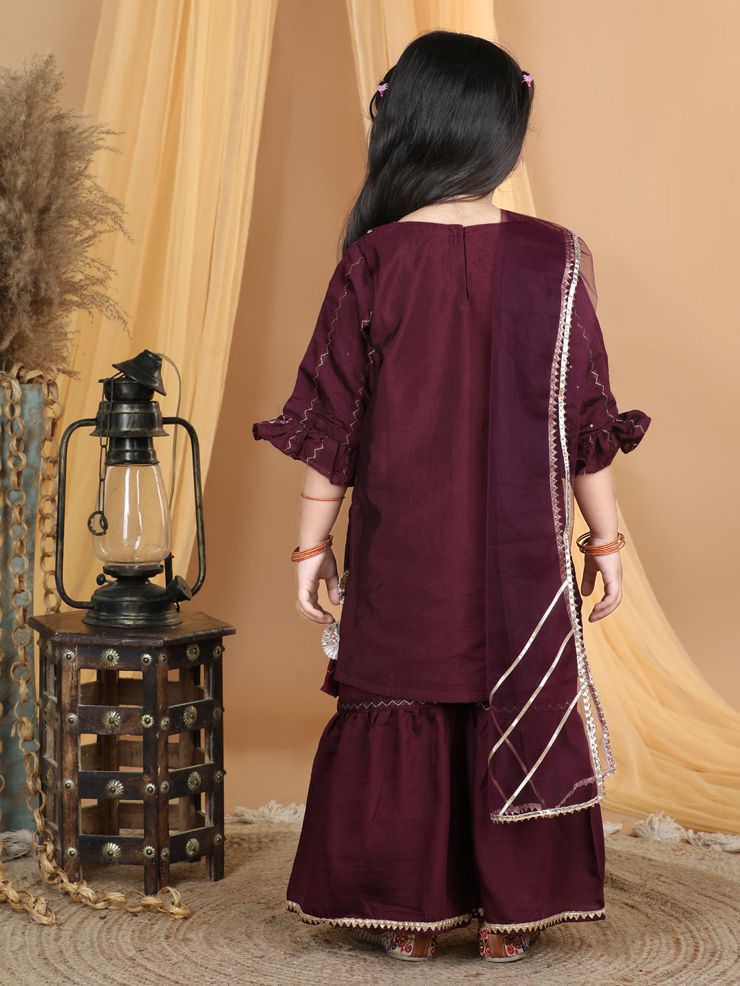 Purple Sequin & Gota Lace Embellished Weaved Kurta With Sharara & Dupatta